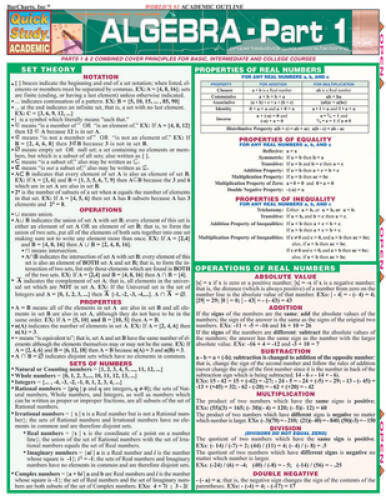 Algebra Part 1 (Quickstudy: Academic) – Pamphlet By BarCharts, Inc. – VERY GOOD