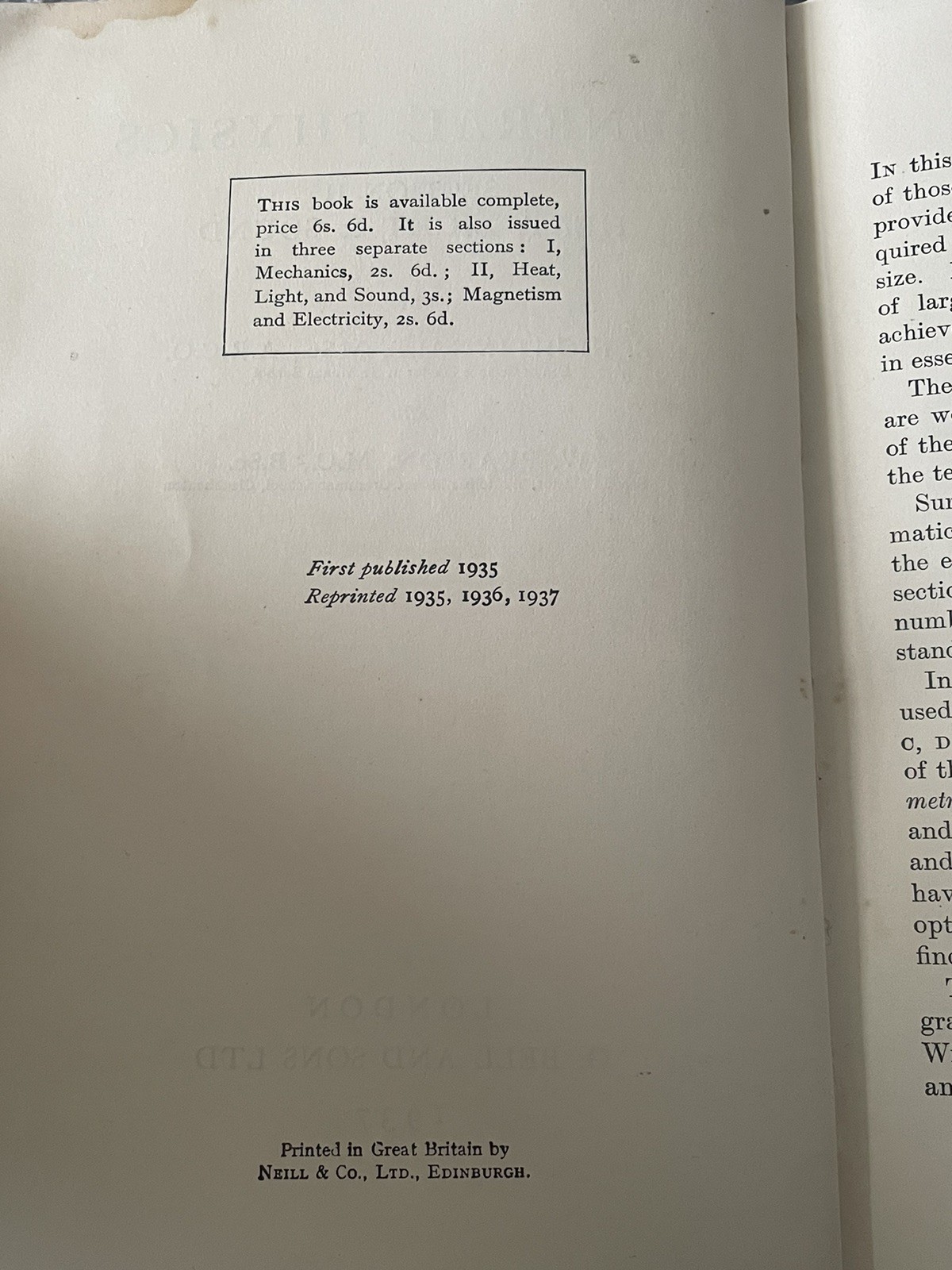 GENERAL PHYSICS HEAT LIGHT & SOUND – Hardback Book NIGHTINGALE & PEARSON 1937