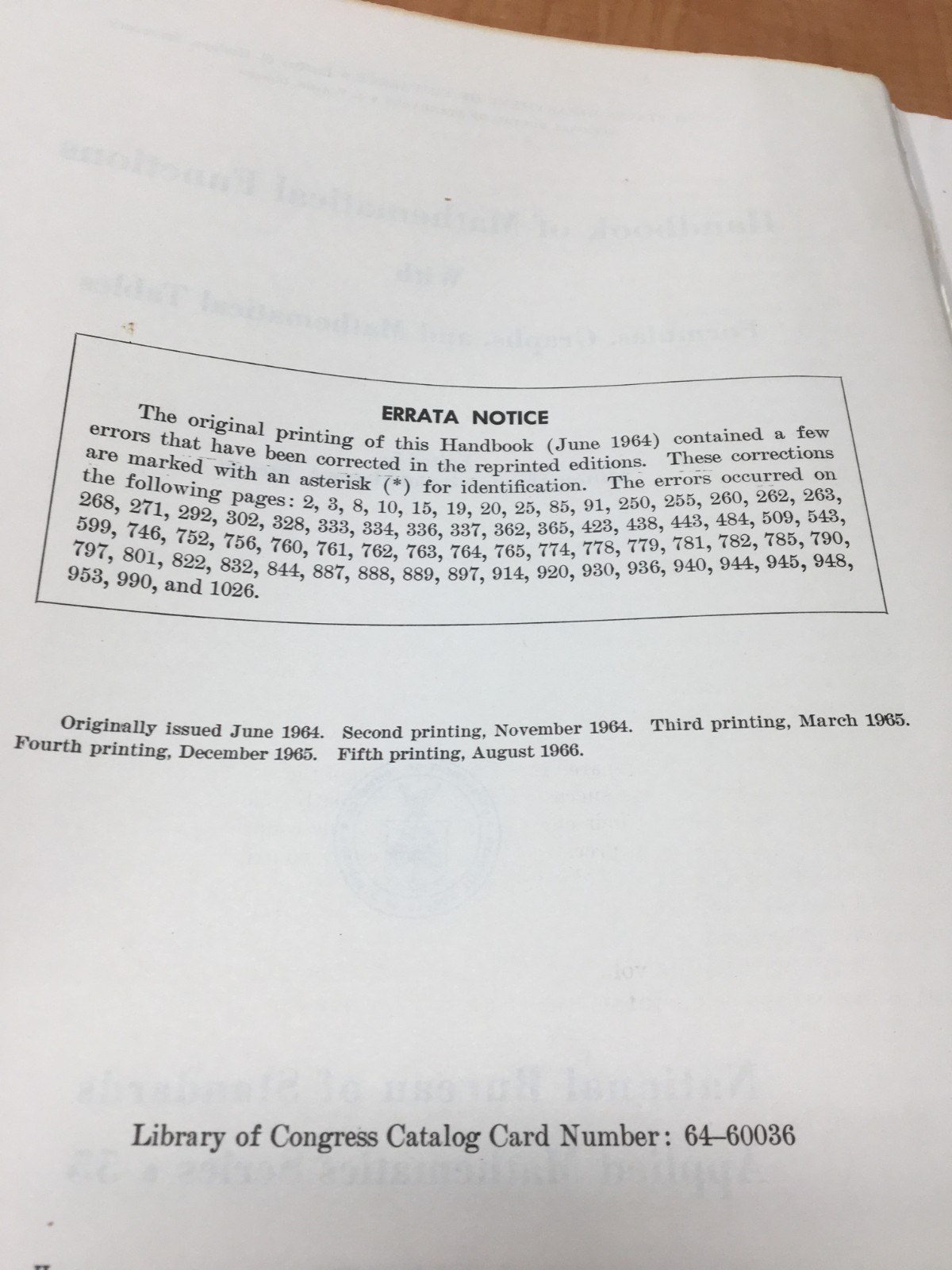 Handbook of Mathematical Functions W/Formulas, Graphs & Mathematical Tables 1966