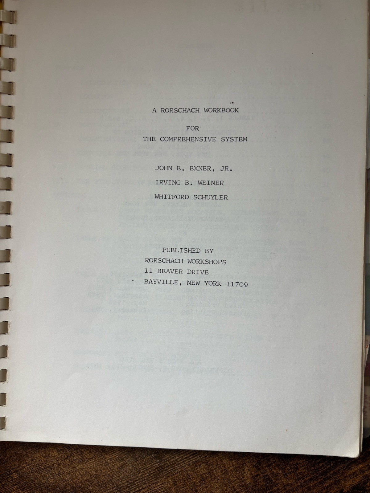 Rorschach Workbook Exner Comprehensive System 1976 Psychology Manual