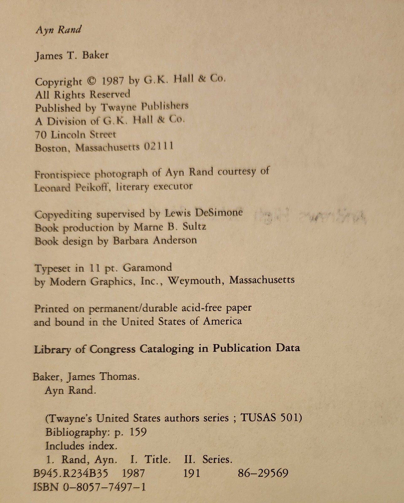 Baker, James T.: Ayn Rand (Twayne’s United States Authors Series) 1st Edition HC
