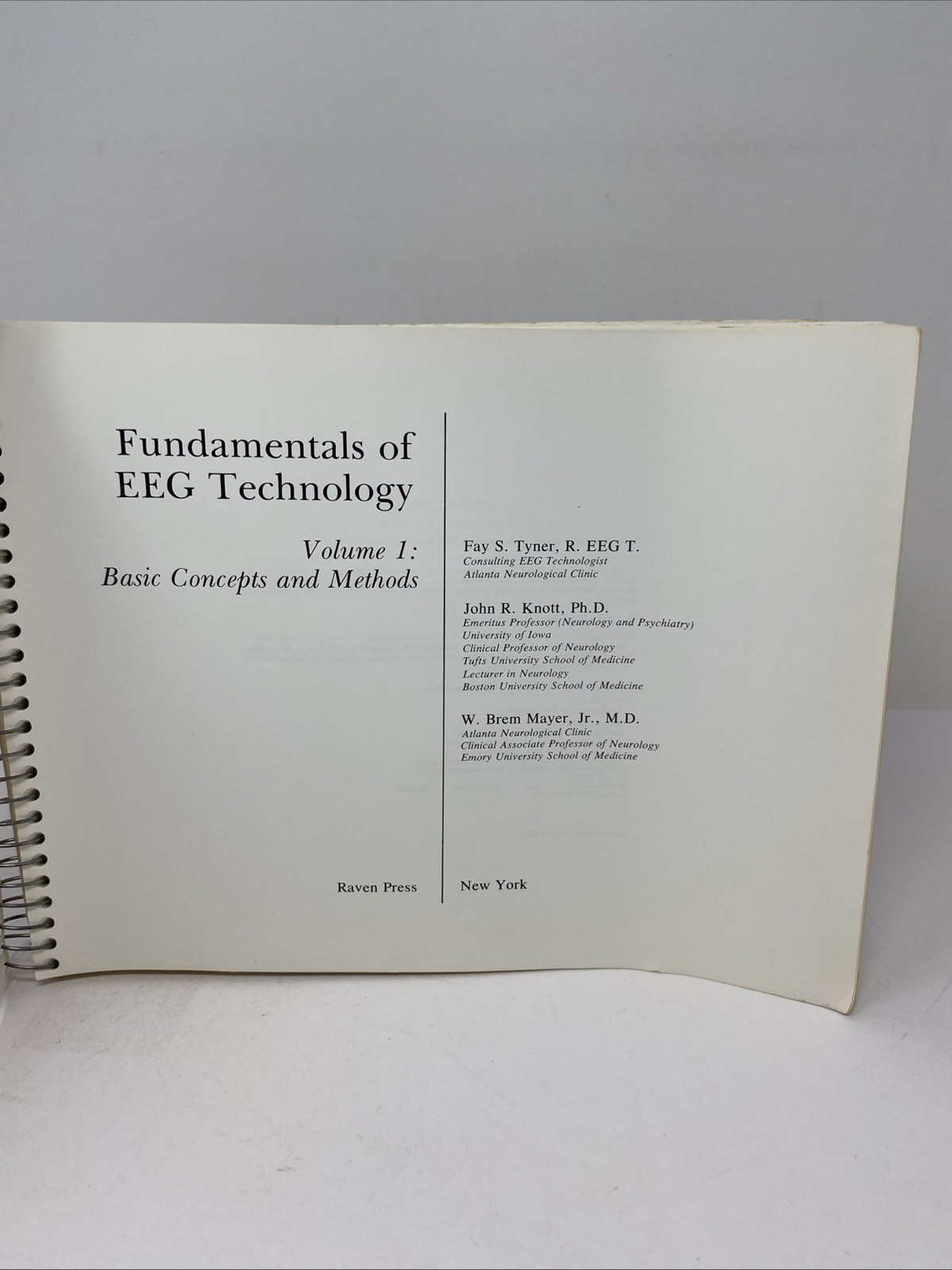 Fundamentals EEG Technology Vol 1 Tyner Spiral Bound 1985 Raven Press Lippincott