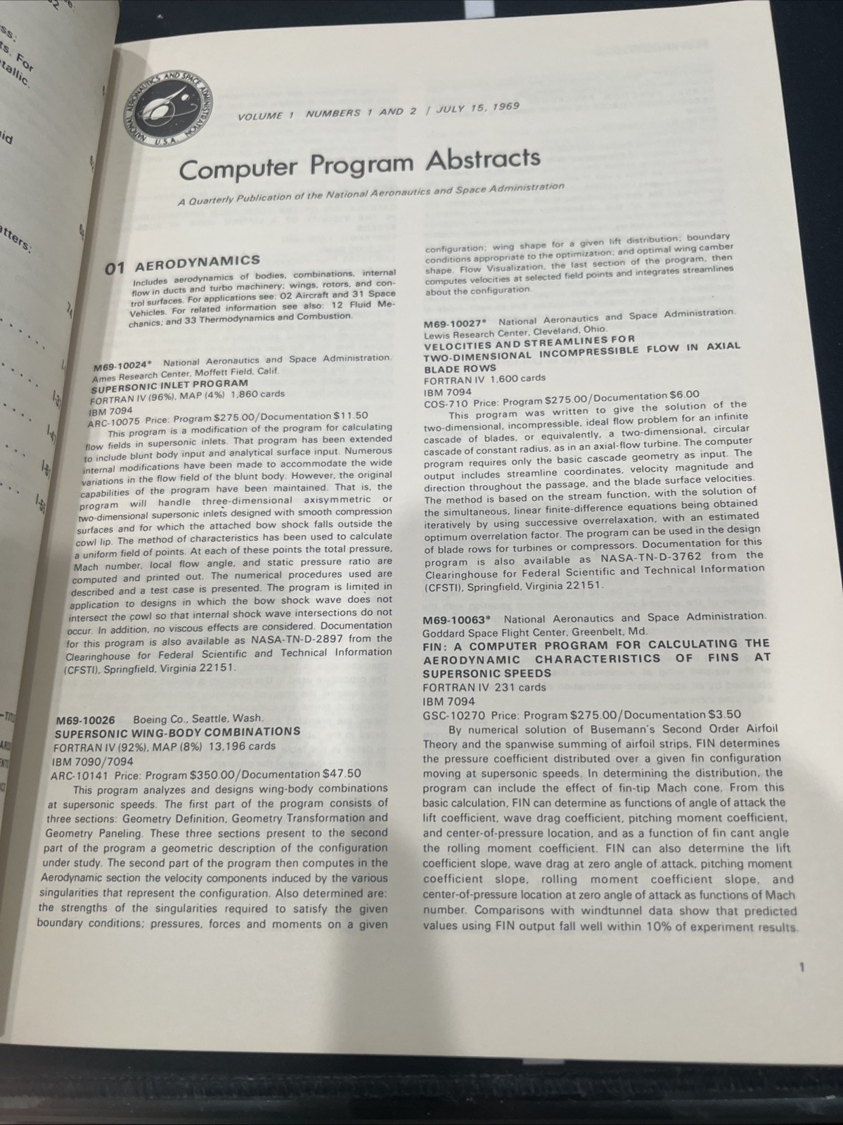 Computer Program Abstracts By NASA July 15 1969 vol 1 No 1/2 Combined. Rare!