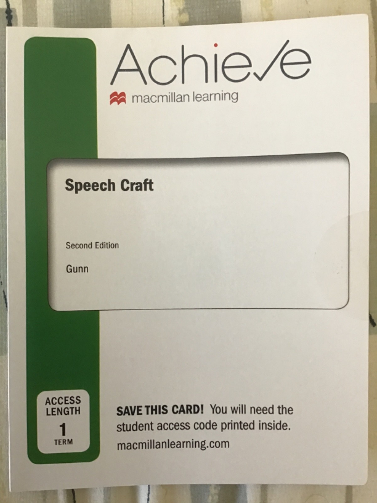 NEW Achieve 1 term Access Code Card Speech Craft by Gunn 2nd Second Edition