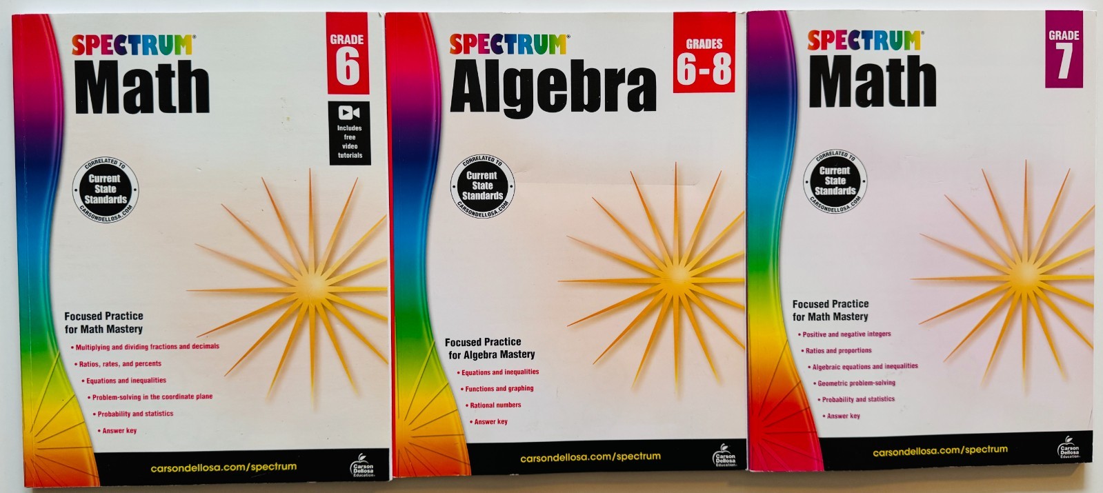 3 SPECTRUM WORKBOOKS / Math Grade 6 / Algebra Grades 6-8 / Math Grade 7 / NEW!