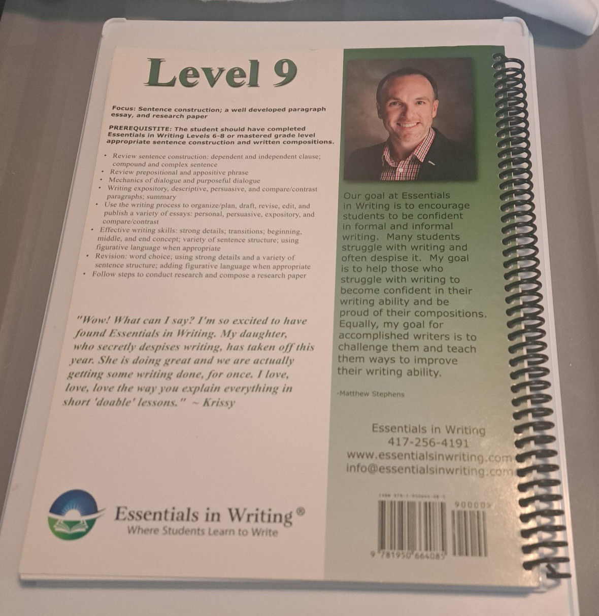 ESSENTIALS IN WRITING Level 9 Text book (spiral) & 3 DVDs Matthew Stephens 2021