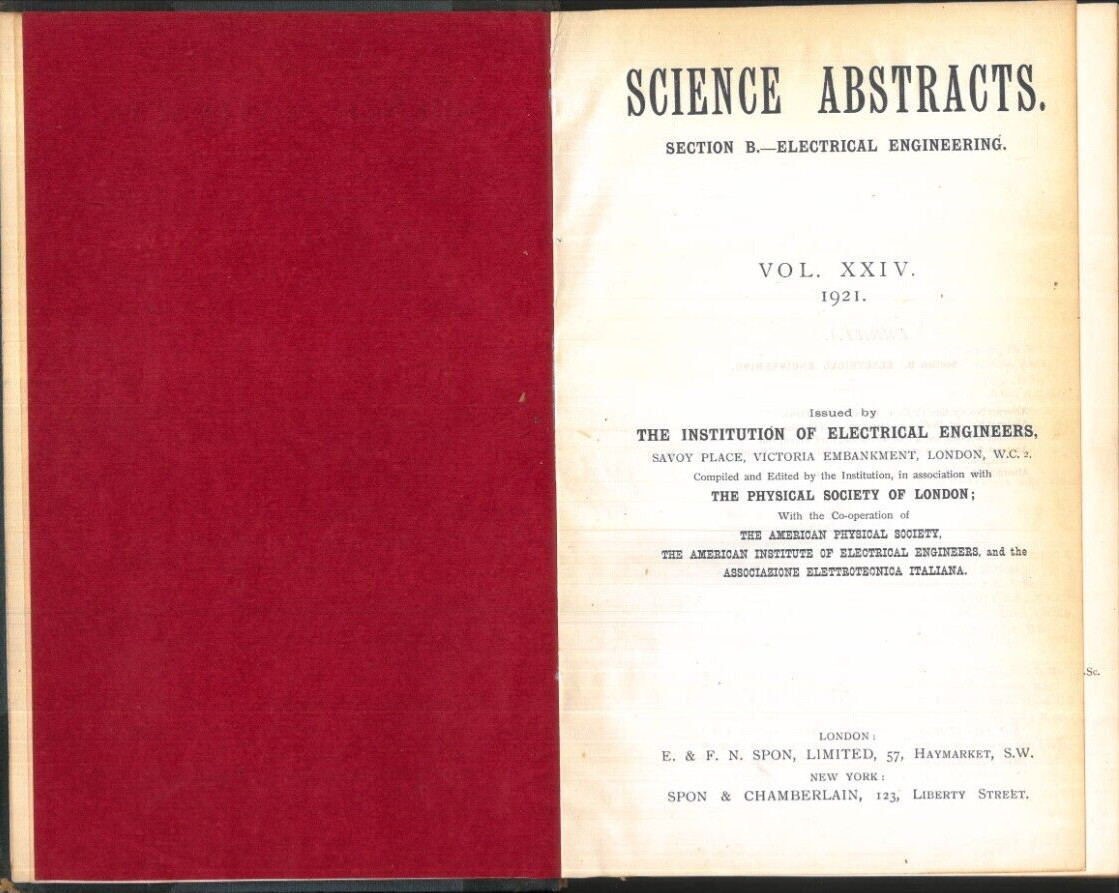 VINTAGE 1921 SCIENCE ABSTRACTS 1921 B ELECTRICAL ENGINEERING 654 PAGES