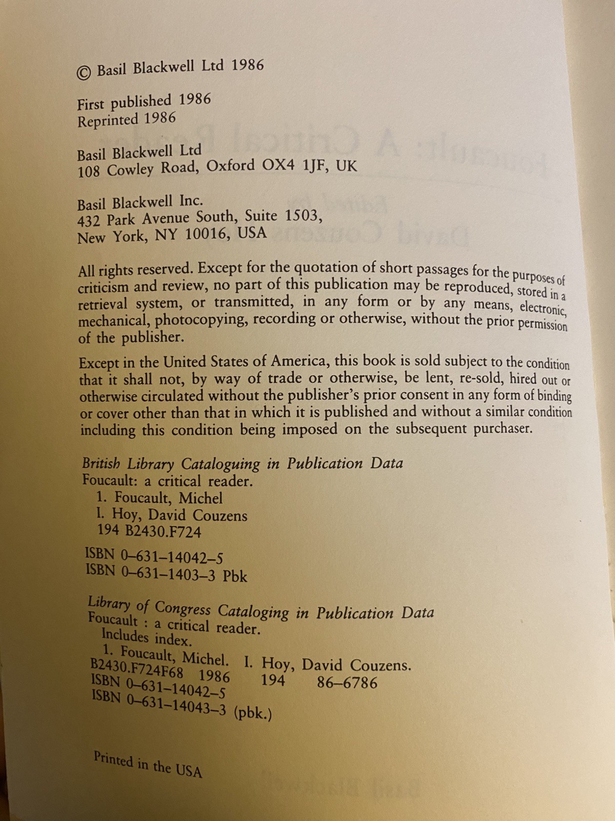 Foucault : A Critical Reader 1986 paperback VGC