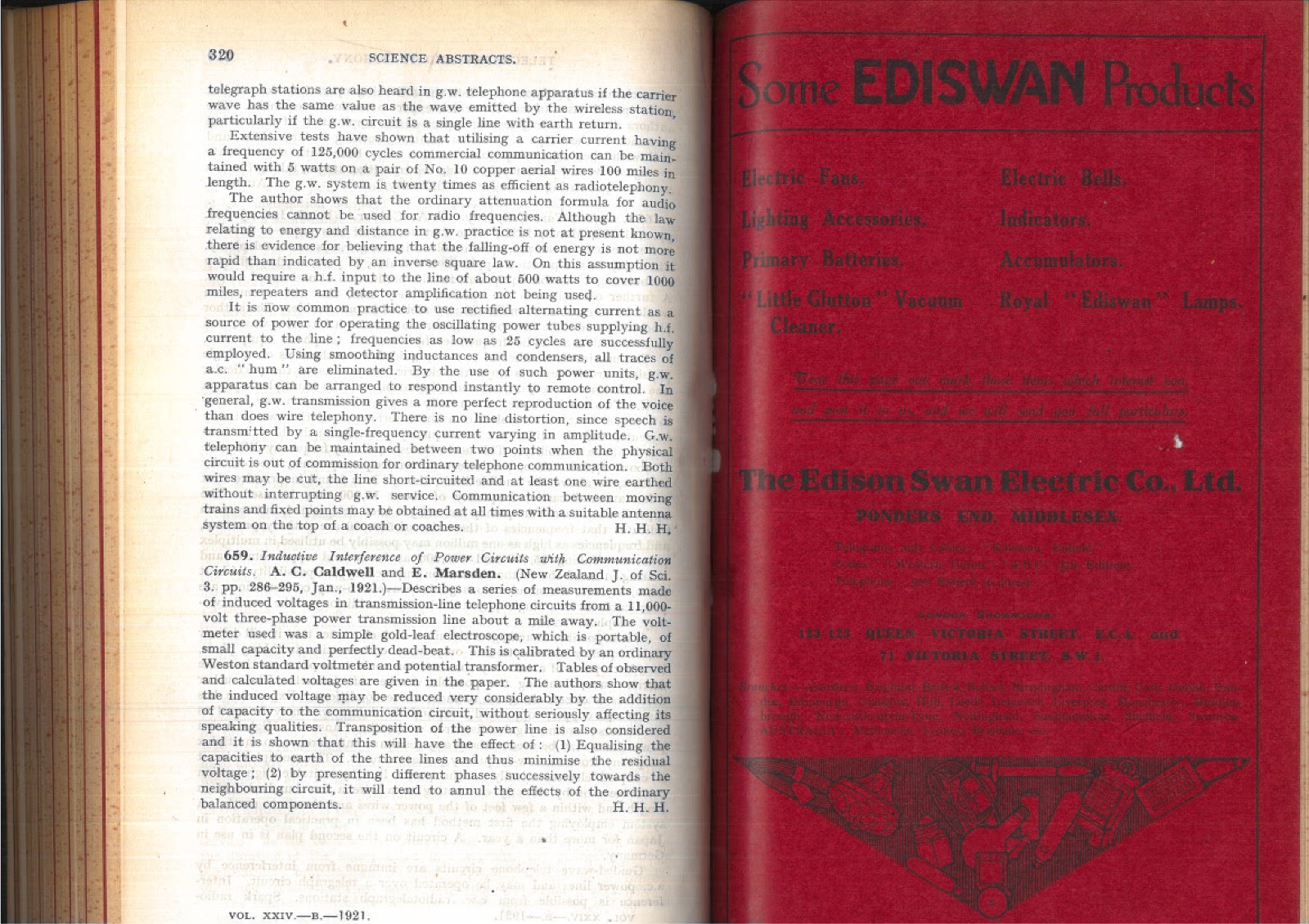VINTAGE 1921 SCIENCE ABSTRACTS 1921 B ELECTRICAL ENGINEERING 654 PAGES