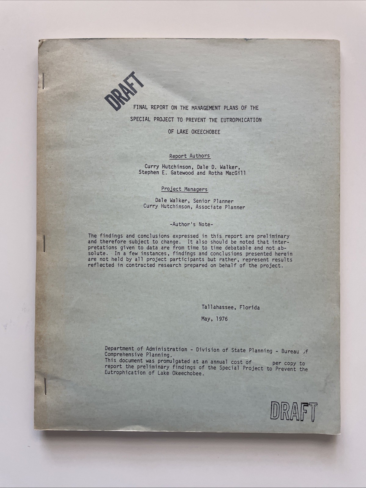 DRAFT 1976 Final Report Lake Okeechobee Eutrophication Law Policy Primary Source