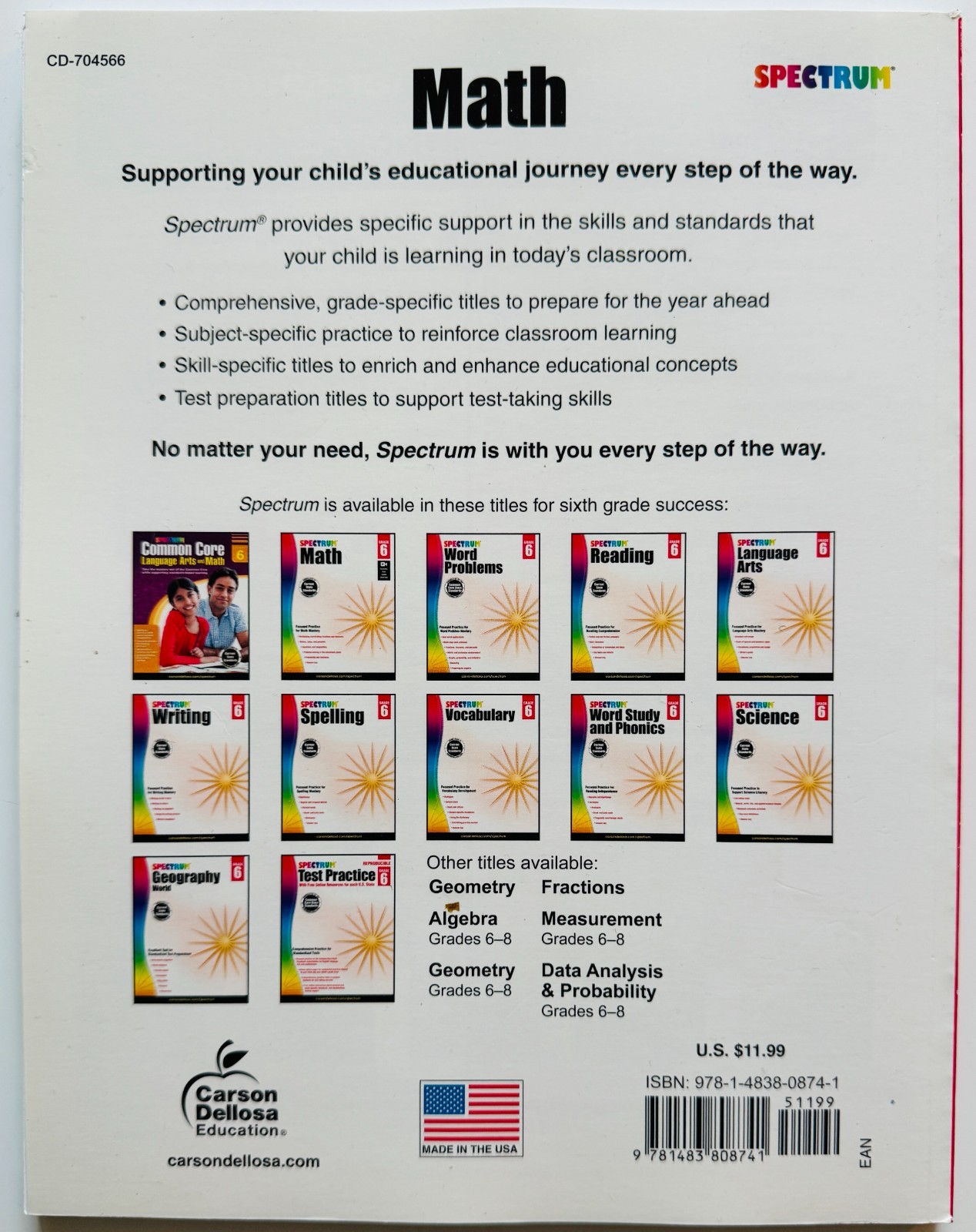 3 SPECTRUM WORKBOOKS / Math Grade 6 / Algebra Grades 6-8 / Math Grade 7 / NEW!