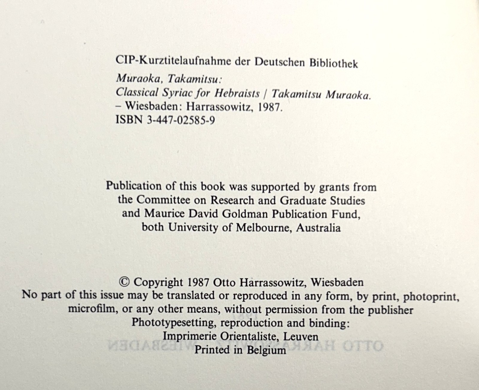 Classical Syriac for Hebraists by Takamitsu Muraoka 1987 Softcover