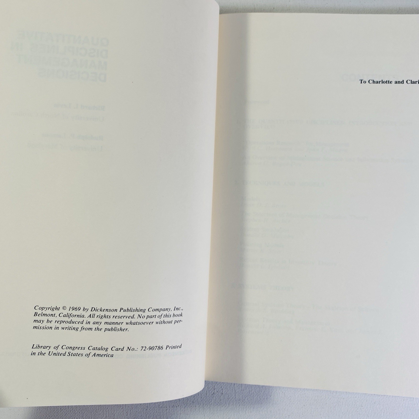 Quantitative Disciplines in Management Decisions by Levin & Lamone 1969 Hardcove