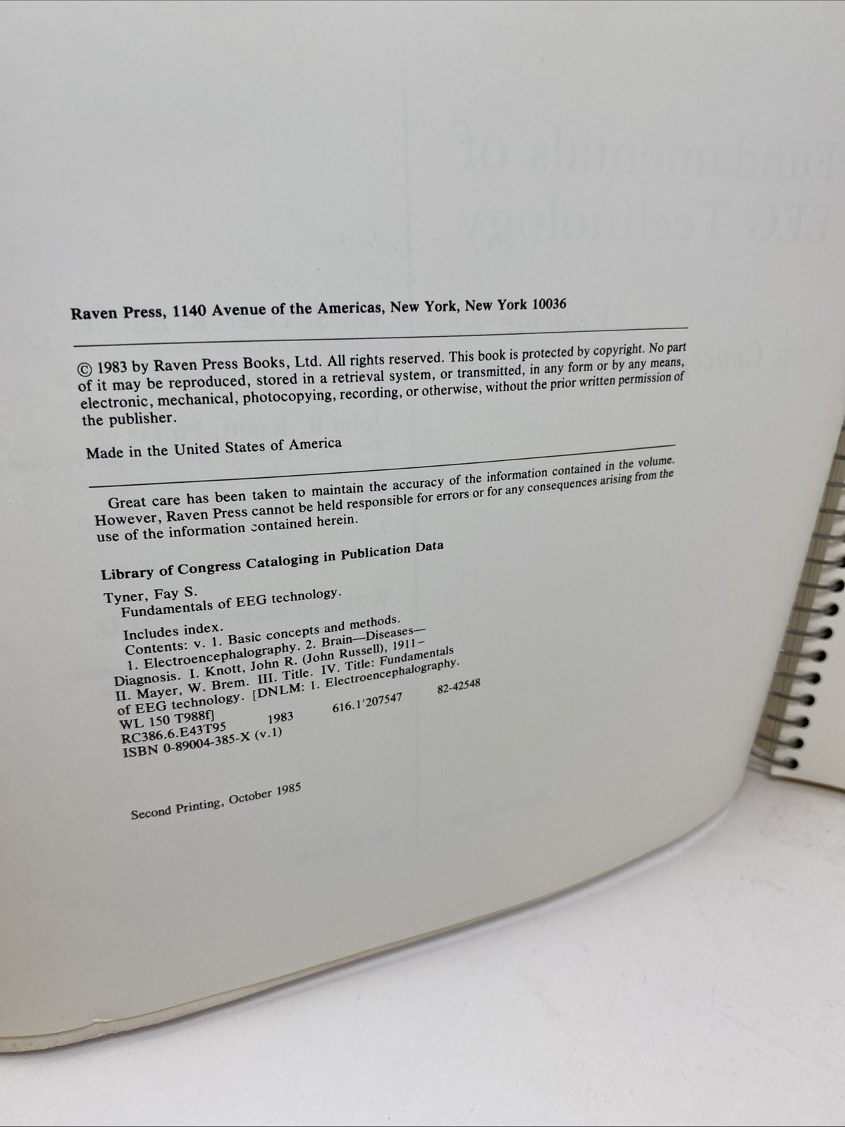 Fundamentals EEG Technology Vol 1 Tyner Spiral Bound 1985 Raven Press Lippincott