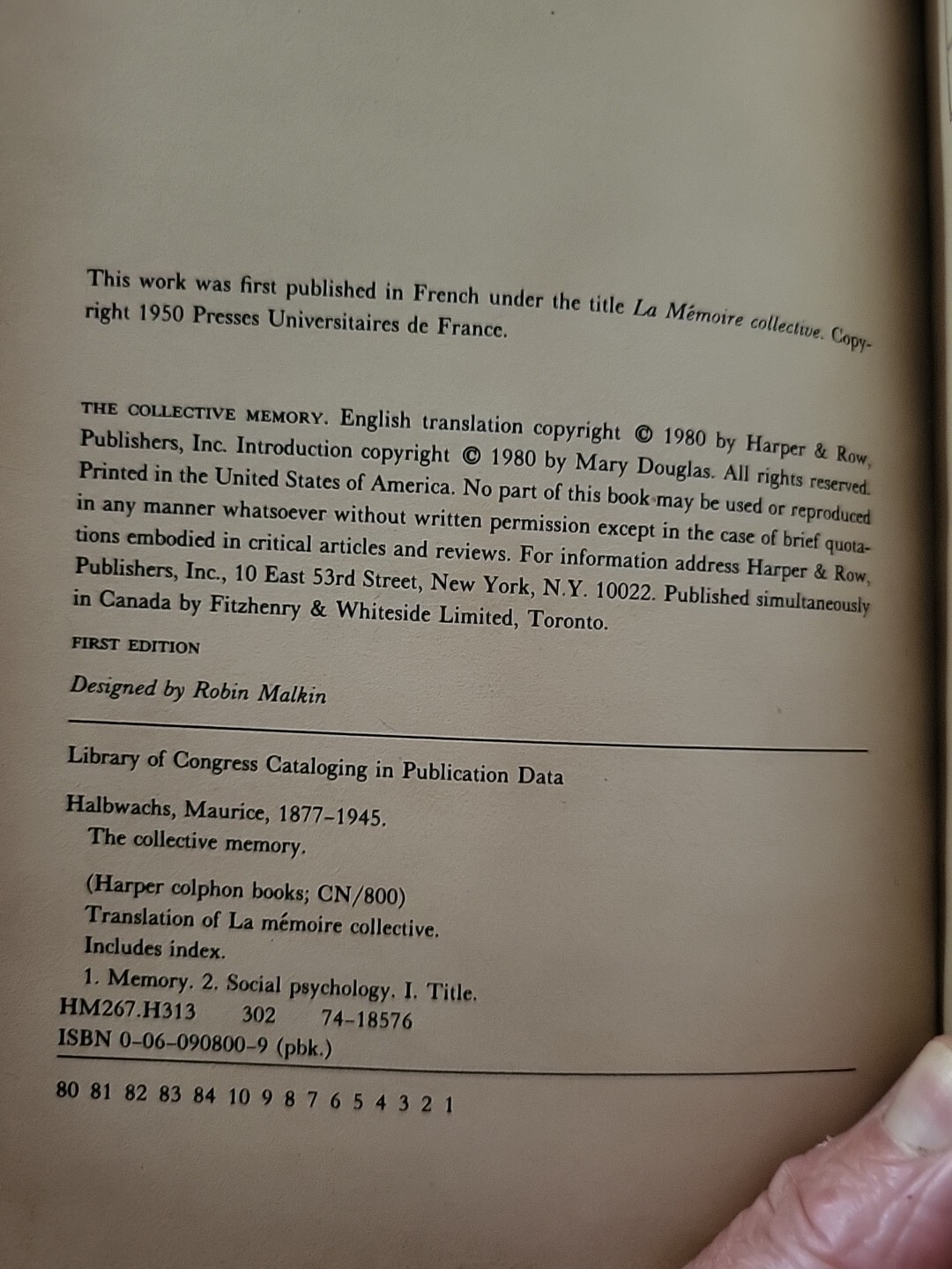 1st Edition (RARE) The Collective Memory by Halbwachs, Intro by Mary Douglas