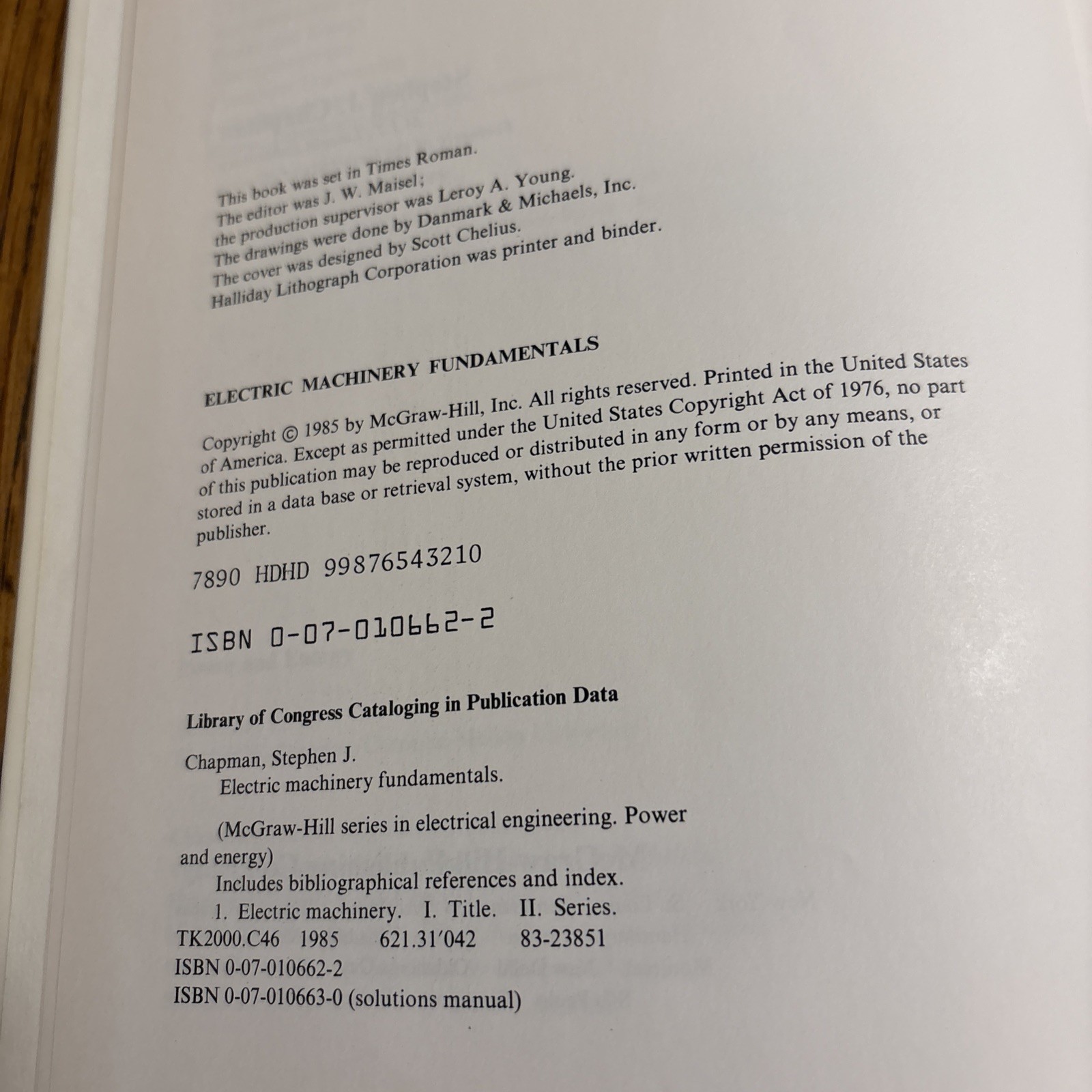 VTG Electric Machinery Fundamentals Hardcover Stephen J. Chapman 1985