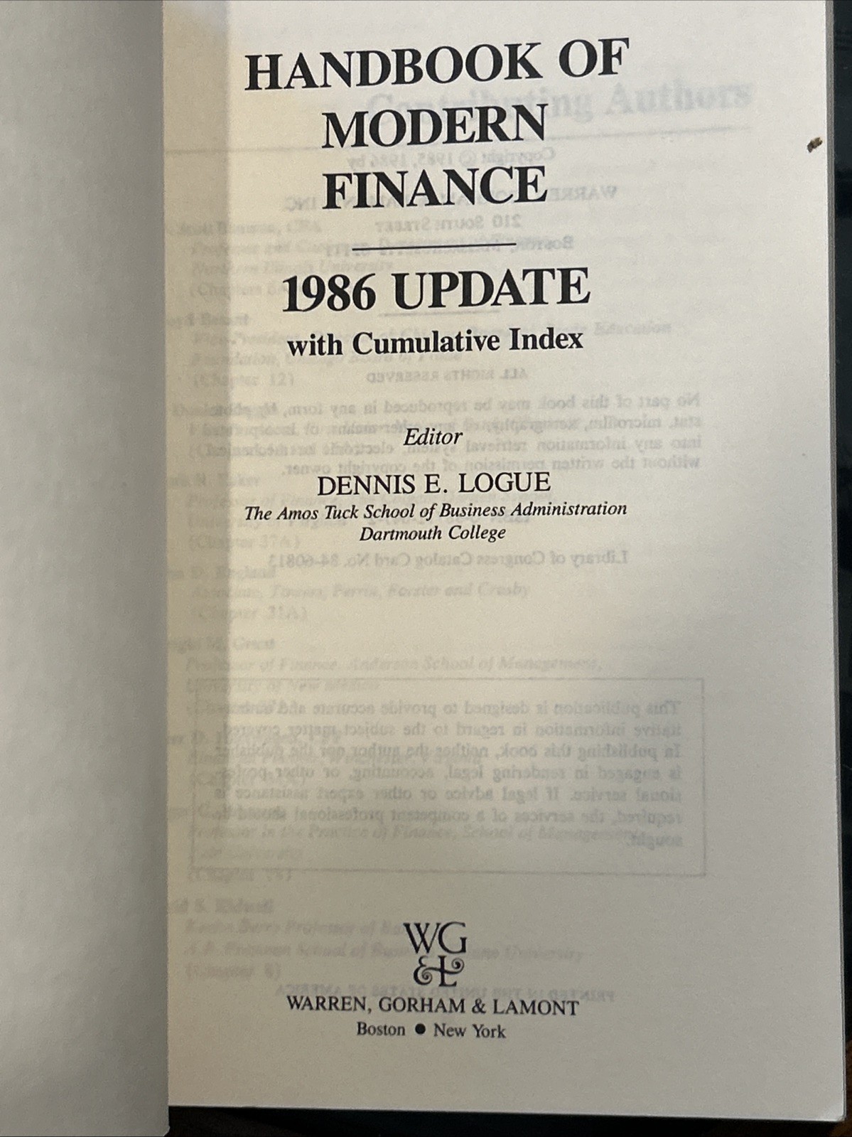 Handbook of Modern Finance 1984 Edition Dennis E. Logue Plus 1985 & 1986 Updates