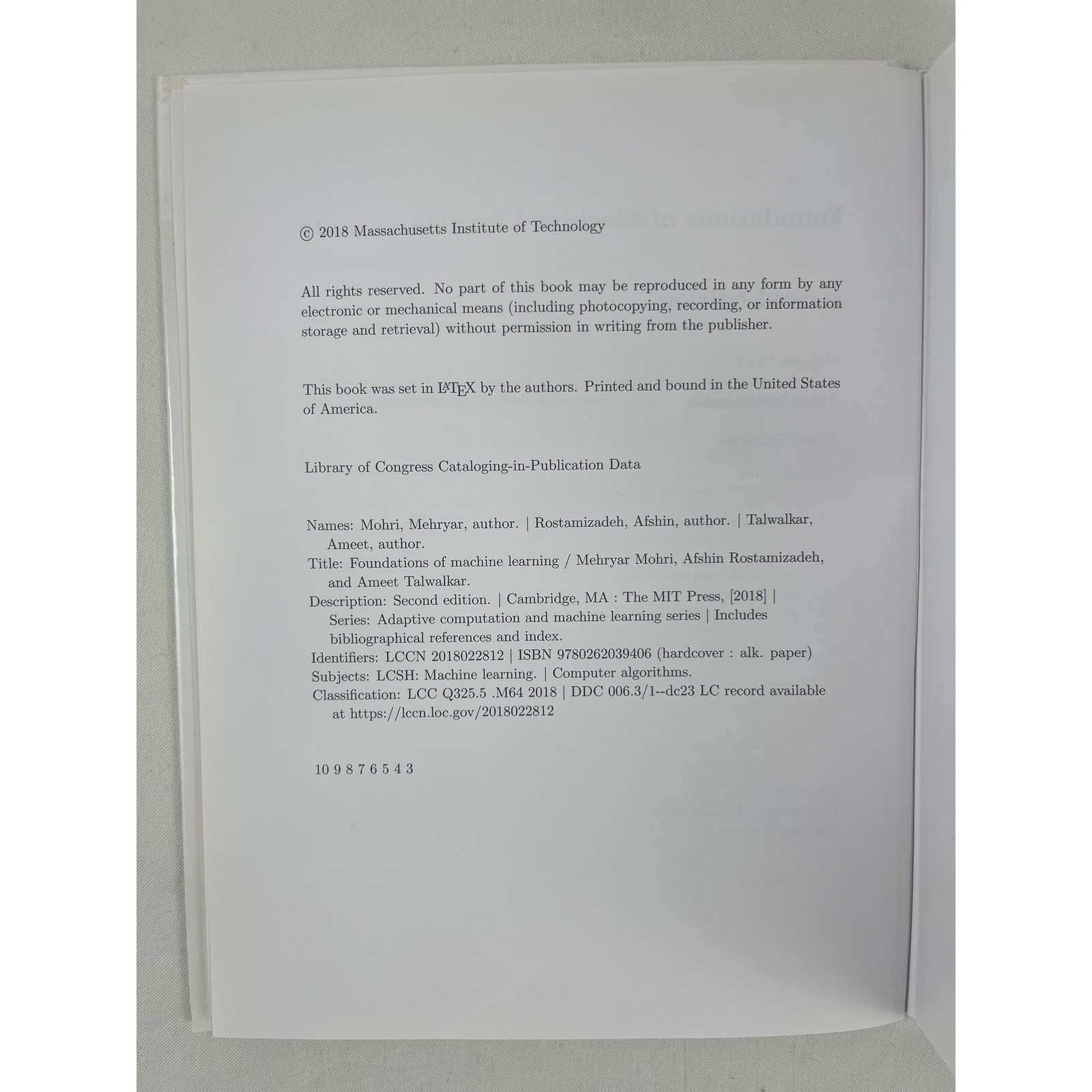Foundations of Machine Learning 2nd Edition Mohri Rostamizadeh Talwalkar MIT