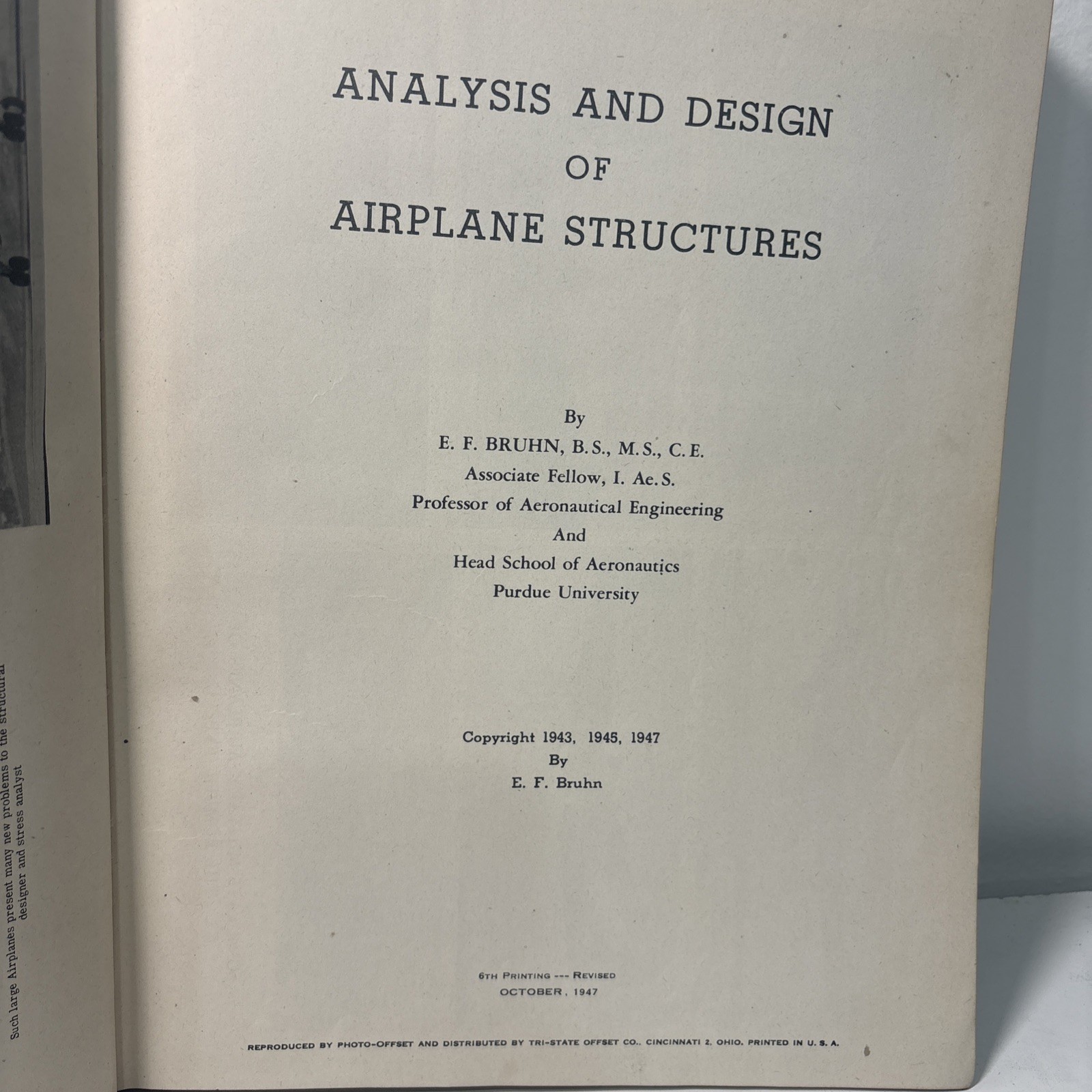 Analysis And Design of Flight Vehicle Structures By E.F. Bruhn 1947 Vintage HC