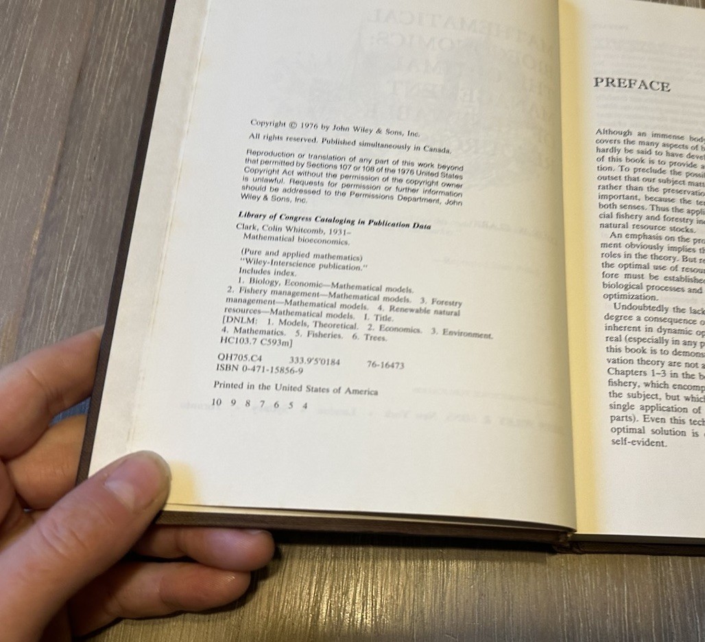 Mathematical Bioeconomics: Management of Renewable Resources by Colin Clark 1976